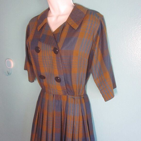 Vintage 50's Dress Serbin of Florida Muriel Ryan Fits Size M Blue Green Plaid - Picture 1 of 14